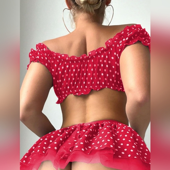 2/$50 NEW Red Polka Dot Lingerie Two-Piece Set With Stockings Cottage-(#1,496) - Picture 2 of 3